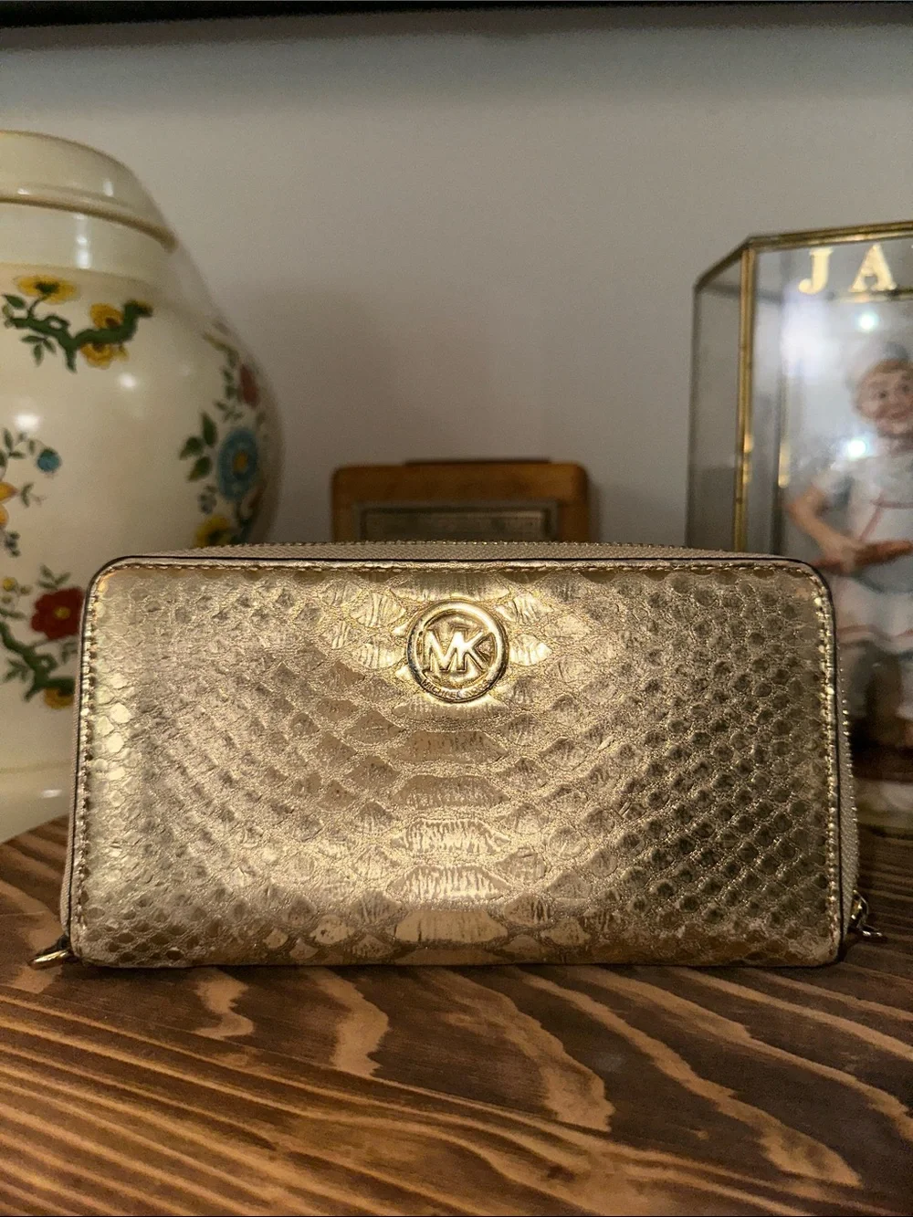 Michael Kors Gold Python-Texture Zip Around Wallet